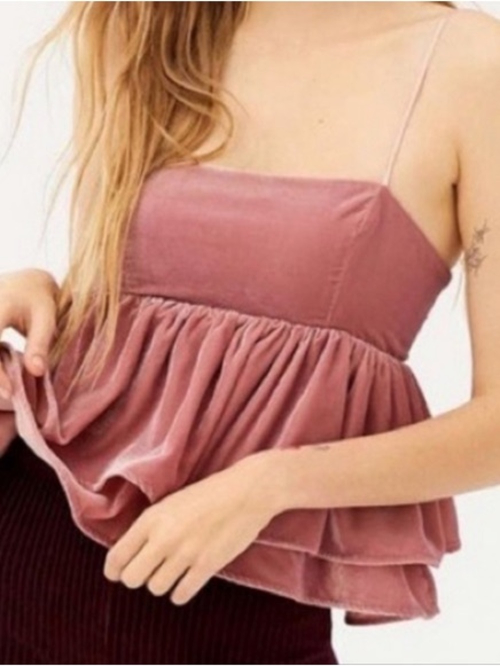 Urban Outfitters Olivia Mauve Velvet Tiered Ruffle Babydoll Tank Top